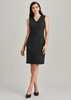 A sleeveless v-neck dress in dark grey wool blend, featuring a fitted silhouette and side pockets. A sleeveless v-neck dress in dark grey wool blend, featuring a fitted silhouette and side pockets.