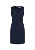 A sleeveless, navy wool blend dress featuring a V-neck design and a zip closure at the back. A sleeveless, navy wool blend dress featuring a V-neck design and a zip closure at the back.