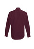 A burgundy long sleeve button-up shirt featuring a back view and a logo.