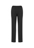 A pair of black women's slacks with an elastic waistband, featuring a smooth, straight-leg design.