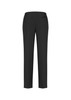 A pair of women's slim leg pants in black, featuring a bandless design and a pocket at the back.