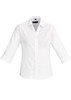 A white women's Hudson 3/4 sleeve button-up shirt with a collar and rolled cuffs. Features a logo on the label.