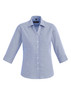 A light blue, 3/4 sleeve button-up shirt with a collar and a logo on the chest.