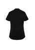 A black short sleeve blouse with a curved hem and a small pleat at the back. It includes a logo. A black short sleeve blouse with a curved hem and a small pleat at the back. It includes a logo.
