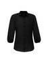 A black 3/4 sleeve blouse with buttons and a collar, featuring puffed sleeves. A black 3/4 sleeve blouse with buttons and a collar, featuring puffed sleeves.