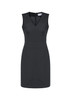A sleeveless, V-neck dress in dark grey, featuring a fitted silhouette and a back zip.