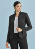 A women's black cool stretch short jacket with a reverse lapel, featuring a fitted design and two buttons. A women's black cool stretch short jacket with a reverse lapel, featuring a fitted design and two buttons.