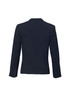 A women's short jacket in navy, featuring a reverse lapel and a tailored fit, with buttons on the sleeves.