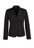A black women's short jacket with a reverse lapel and two buttons, featuring long sleeves and a fitted design.
