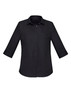 A black women's button-up shirt with 3/4 sleeves and a collared neckline, featuring a logo. A black women's button-up shirt with 3/4 sleeves and a collared neckline, featuring a logo.