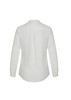 A white long sleeve blouse with a button-up design and a back pleat, featuring a subtle branding logo.
