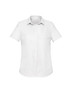 A white short sleeve button-up shirt for women featuring a classic collar and a logo on the breast.