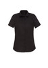 A black short sleeve button-up shirt with a classic collar and a sleek design. It features a logo on the front.