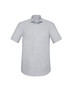 A short sleeve, button-up shirt in light grey with a chest pocket and a branded logo.