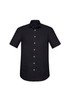 A black short sleeve button-up shirt with a classic fit and a single chest pocket. It features a logo.