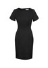 A black short sleeve shift dress with a fitted silhouette and a back zipper. Features include a branding logo.