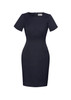 A fitted women's short sleeve shift dress in navy blue with a crew neckline and a tailored design. A fitted women's short sleeve shift dress in navy blue with a crew neckline and a tailored design.