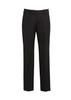 Black flat front pants with a classic design, featuring a button closure and a logo on the waistband. Black flat front pants with a classic design, featuring a button closure and a logo on the waistband.