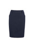 A dark navy multi-pleat skirt with a tailored fit and pockets. Features a branded logo on the waistband.