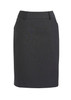 A grey women's comfort wool stretch multi-pleat skirt with a fitted design and side pockets, featuring a subtle brand logo.