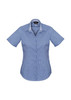 A short-sleeve women's button-up shirt in a blue and white gingham pattern, featuring a collar and fitted design. A short-sleeve women's button-up shirt in a blue and white gingham pattern, featuring a collar and fitted design.