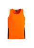 An orange men's singlet with navy side panels, featuring a logo on the neckline. Suitable for workwear.