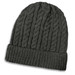 A dark grey knitted beanie featuring a cable knit design and a ribbed cuff. It includes a logo.