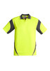 A bright yellow short sleeve polo shirt with grey accents and a logo. Suitable for workwear settings.