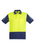 A high-visibility short sleeve polo shirt in yellow and navy blue, featuring a pocket and a logo on the chest.