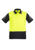 A short sleeve polo shirt in hi-vis yellow with black detailing and reflective stripes. It features a pocket and logo.