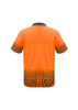 A short sleeve polo in bright orange with a geometric pattern on the lower half and a collar. Features a logo.