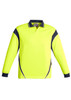 A long sleeve polo shirt in high visibility yellow with navy blue accents and a logo on the chest.