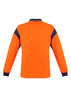 A long sleeve polo shirt in bright orange and navy, featuring a collar and arm detailing. It includes a logo.