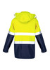A waterproof jacket in bright yellow and navy, featuring reflective strips and a hood, with a logo displayed. A waterproof jacket in bright yellow and navy, featuring reflective strips and a hood, with a logo displayed.
