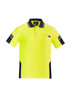 A bright yellow short sleeve polo shirt with navy accents and a chest pocket, featuring a logo. A bright yellow short sleeve polo shirt with navy accents and a chest pocket, featuring a logo.