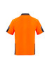 An orange polo shirt with short sleeves and reinforced details, featuring black accents and a logo. An orange polo shirt with short sleeves and reinforced details, featuring black accents and a logo.