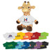 A plush giraffe toy in brown and cream, wearing a branded white shirt with various small colourful t-shirts below.