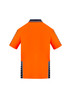 An orange short sleeve polo shirt featuring a logo and reflective detail on the sleeves and sides. An orange short sleeve polo shirt featuring a logo and reflective detail on the sleeves and sides.