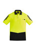 A short sleeve polo shirt in high visibility yellow with black accents and a logo on the chest.