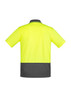 A men's short sleeve polo shirt in hi-vis yellow with a dark grey back and a logo. A men's short sleeve polo shirt in hi-vis yellow with a dark grey back and a logo.