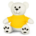 A white plush bear wearing a yellow shirt, featuring black paw prints and buttons for eyes. A white plush bear wearing a yellow shirt, featuring black paw prints and buttons for eyes.