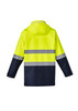 A waterproof jacket in hi-vis yellow and navy blue, featuring reflective stripes and a hood. It has a branding logo. A waterproof jacket in hi-vis yellow and navy blue, featuring reflective stripes and a hood. It has a branding logo.