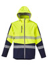 A bright yellow and navy unisex softshell jacket with reflective stripes and a hood. It features a zipper and a chest pocket. A bright yellow and navy unisex softshell jacket with reflective stripes and a hood. It features a zipper and a chest pocket.