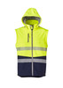 A unisex two-in-one stretch softshell jacket in bright yellow with navy stripes and a hood, featuring a logo. A unisex two-in-one stretch softshell jacket in bright yellow with navy stripes and a hood, featuring a logo.