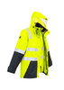 A hi-vis waterproof jacket in bright yellow and grey, featuring reflective stripes and a detachable hood. A hi-vis waterproof jacket in bright yellow and grey, featuring reflective stripes and a detachable hood.