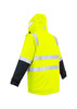 A high visibility yellow and black waterproof jacket with reflective stripes and an adjustable hood. Features a logo. A high visibility yellow and black waterproof jacket with reflective stripes and an adjustable hood. Features a logo.