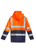 A waterproof jacket in orange with reflective stripes and a hood, designed for workwear purposes. It features a logo. A waterproof jacket in orange with reflective stripes and a hood, designed for workwear purposes. It features a logo.