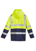 A high-visibility jacket in bright yellow and navy, featuring reflective strips and a hood for safety. A high-visibility jacket in bright yellow and navy, featuring reflective strips and a hood for safety.