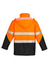 Hi-vis orange and black storm jacket with reflective strips and a hood, featuring a logo on the back.