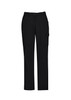 Black women's cargo pants featuring a comfortable waist and multiple pockets. The design includes a logo.
